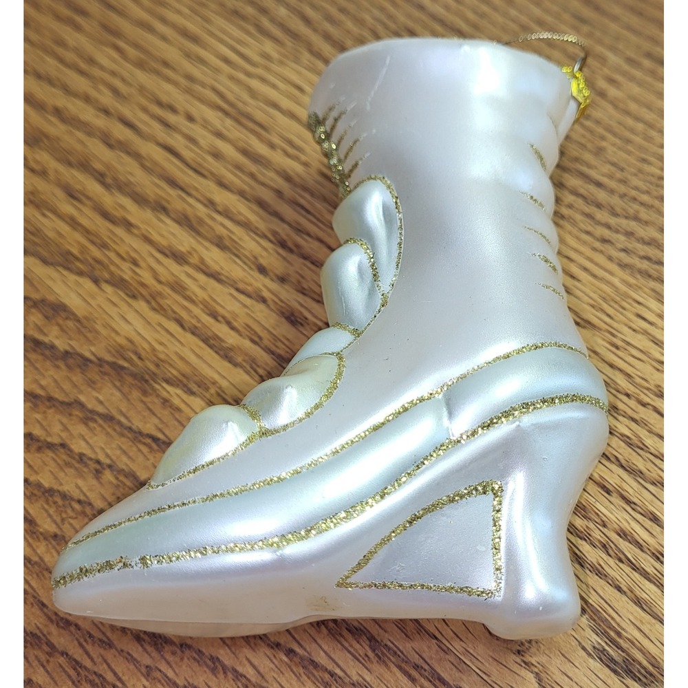 Victorian Glass Boot Ornament Pearlescent White Gold Glitter Christmas Holiday